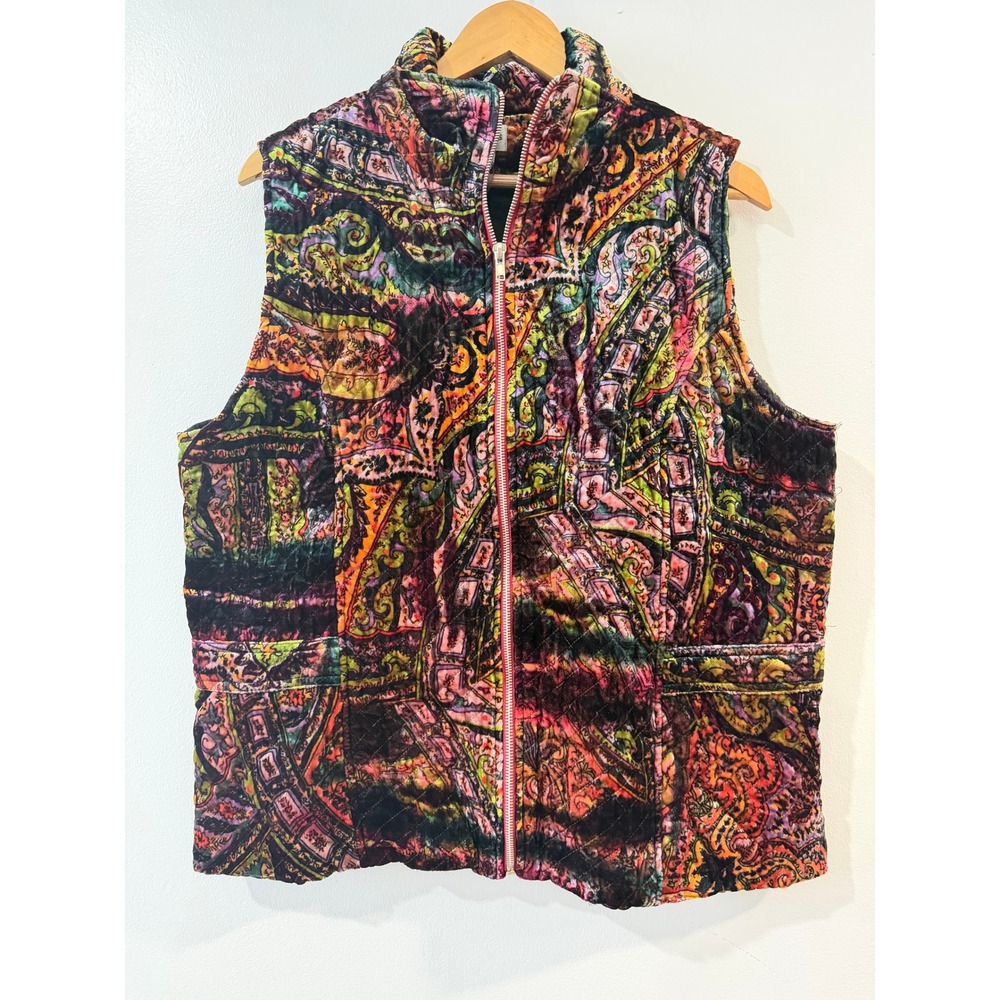 Chicos Womens Quilted Velvet Paisley Vest Silk Blend Multi Color Size 3 XL